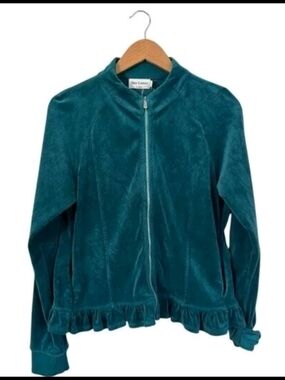 Juicy Couture Teal Velvet Ruffle-Hem Bomber Jacket